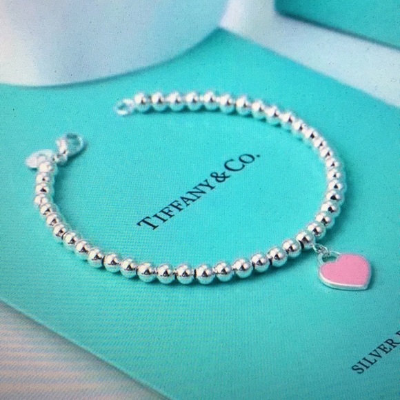 Tiffany & Co 7 in Silver Beaded Bracelet with Pink Heart Charm - Picture 2 of 2